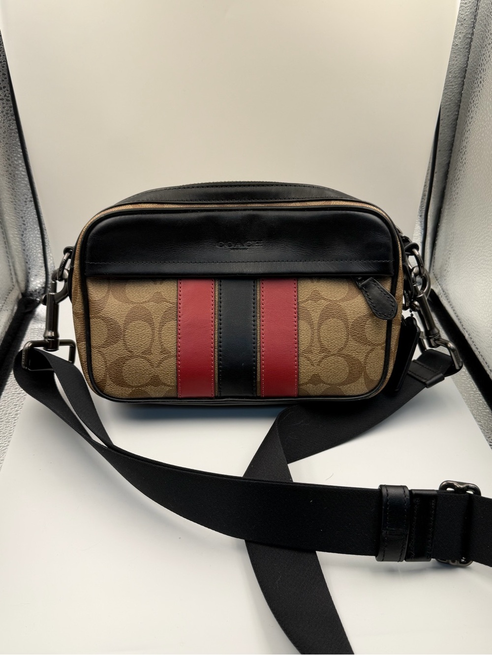 Coach Signature Canvas Stripe Camera Bag Crossbody